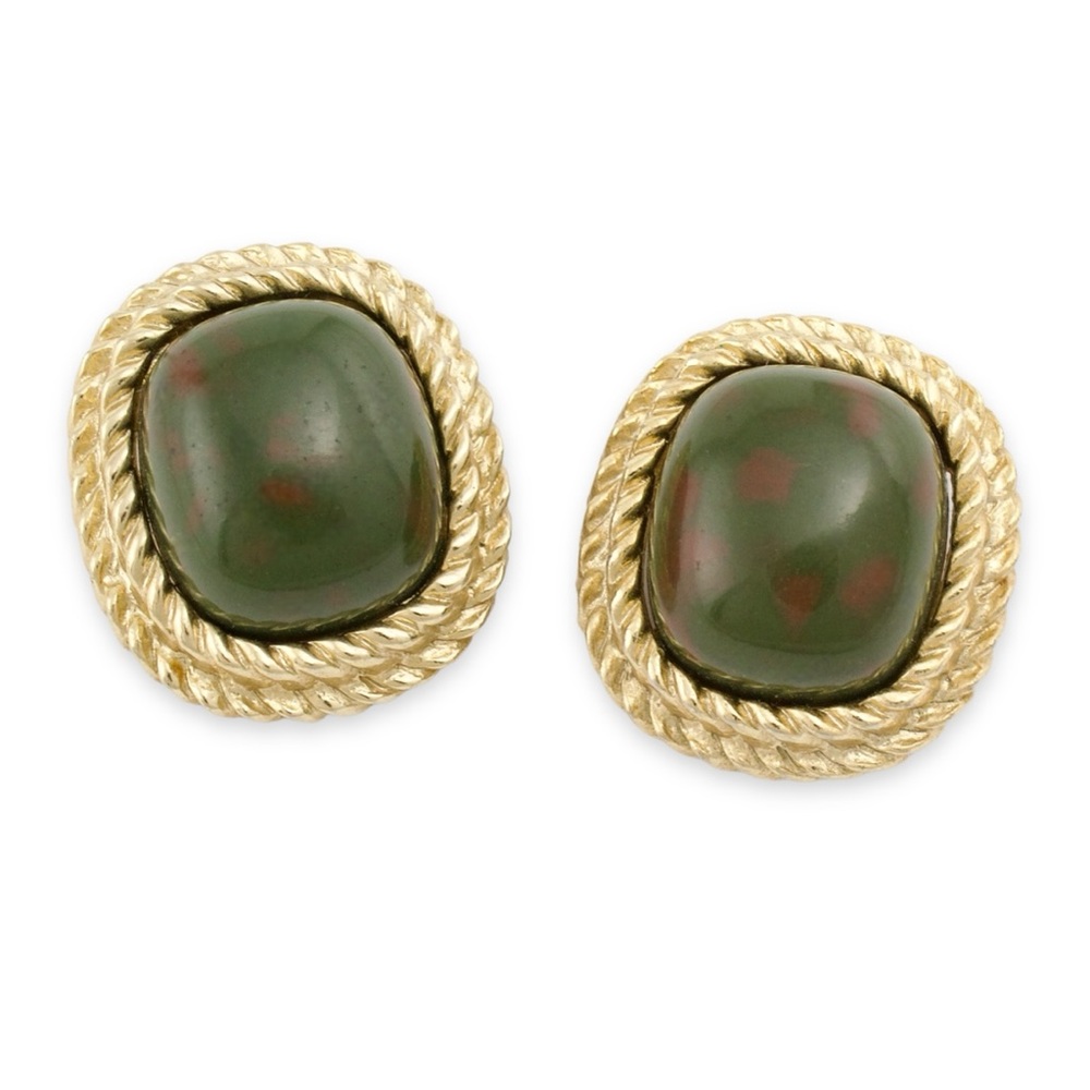 Vintage Sarah Coventry Faux Bloodstone Cabochon Clip On Earrings 1960s Retro
